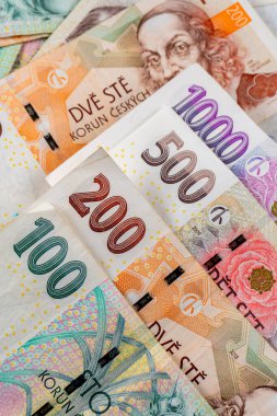 Çek Cumhuriyeti 'nin çeşitli mezheplerden banknotları bir arkaplan oluşturmaktadır.