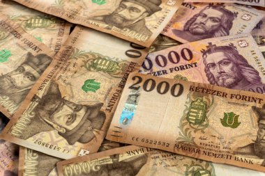 KATOWICE, POLAND- HAZİRAN 01, 2022 Macaristan Ulusal Para Birimi. 2000 ve 10000 forint banknot.