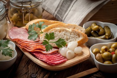 İspanya mutfağı. Tapas dilimlenmiş sosis, salam, zeytin, marine edilmiş soğan, salatalık ve ahşap bir masa üzerine maydanoz ile.