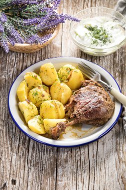 Patates ve salatalık ile servis edilen kızarmış ördek bacağı. Seçici odak.