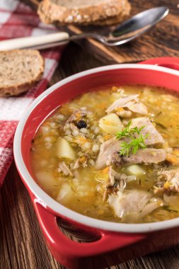 Sebzeli ve tavuklu Polonya arpa çorbası - krupnik.