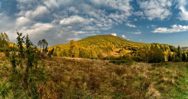 Sonbahar dağ manzarası. Polonina Wetlinska Bieszczady Dağları, Polonya.