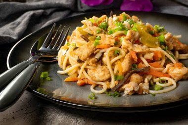 Tavuk ve sebzeli kızarmış erişte. Tavuk chow mein.