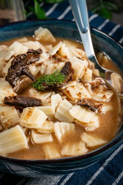 Erişteli mantar çorbası. Sığ alan derinliği.