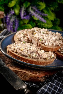 Tahta bir tahtanın üzerinde ton balıklı sandviç ve yumurta. Sığ alan derinliği. 