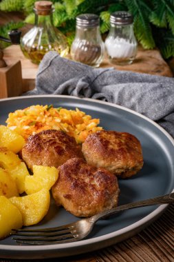 Tabakta patates kızartmasıyla servis edilen köfteler..