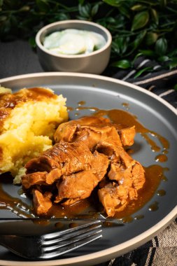 Sos ve patates püresiyle servis edilen haşlanmış hindi eti. Sığ alan derinliği.