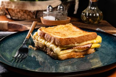 Kızarmış peynir ve jambonlu sandviç. Seçici odak.
