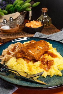 Patates püresi ve lahana turşusuyla servis edilen baharatlı soslu domuz pirzolası. Sığ alan derinliği.
