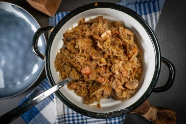 Domuz eti, sosis ve mantarlı lahana yahnisi. Bigos - geleneksel Polonya mutfağı.