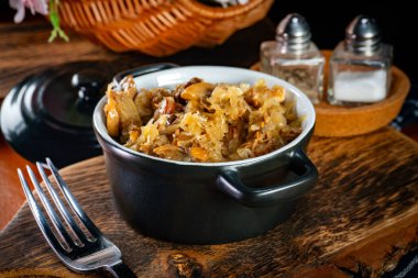 Domuz eti, sosis ve mantarlı lahana yahnisi. Bigos - geleneksel Polonya mutfağı.