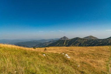 Dağların tepelerine bakan yürüyüş izleri..