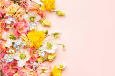 Spring Flowers composition on pastel pink background. Floral concept for Easter, Woman's day or Valentine's day. Top view, copy space.