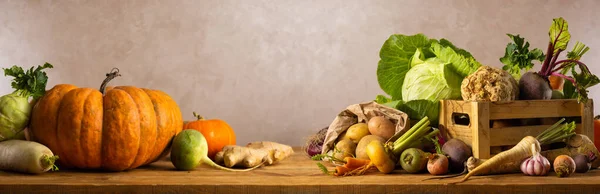 Különböző Zöldségek Őszi Betakarítása Csendélet Asztalon Fogantatás Egészséges Étel Zászlós — Stock Fotó