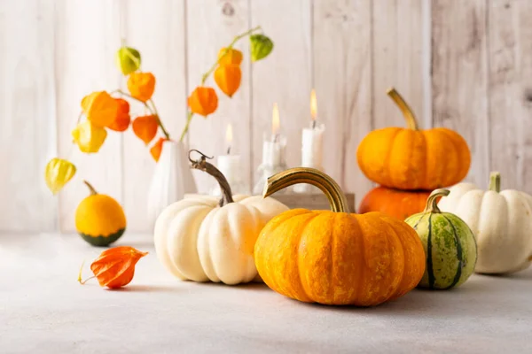 Herbst Stillleben Mit Kürbissen Blumen Und Kerzen Auf Dem Tisch — Stockfoto