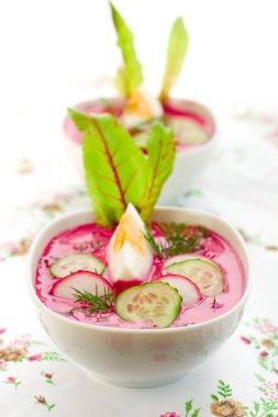 Pancar, salatalık, radsih, kefir ve yumurtalı soğuk yaz çorbası..