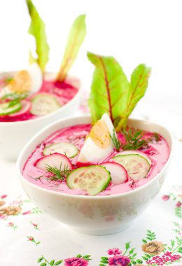 Pancar, salatalık, radsih, kefir ve yumurtalı soğuk yaz çorbası..