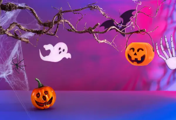 Décorations Halloween Avec Citrouilles Araignée Toile Araignée Fantôme Chauve Souris — Photo