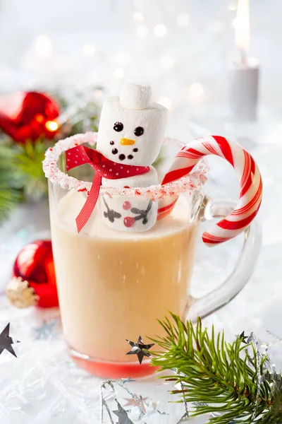 Traditional Christmas Eggnog Sweet Treat Snowman Marshmallow Candy Cane Peppermint Stock Picture