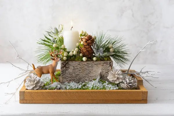 Christmas Composition Candle Deer Pine Cones Fir Branches Flowers Moss Stock Picture