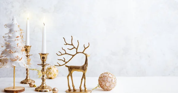 Cozy Still Life Burning Candles Figure Deer Christmas Decorations Pastel Stock Photo