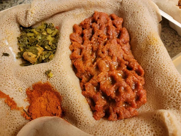 Ethiopian Food Savory Delicious Kitfo Raw Beef Injera Bread Imagen De Stock