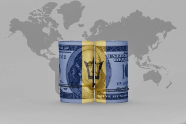 Ulusal Barbados bayrağı dolar üzerinde para banknotu gri dünya haritasında arka plan 3D illüstrasyon