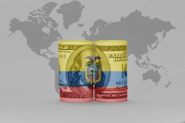 Ulusal Ekvador bayrağı dolar üzerinde para banknotu gri dünya haritasında arka plan 3D illüstrasyon