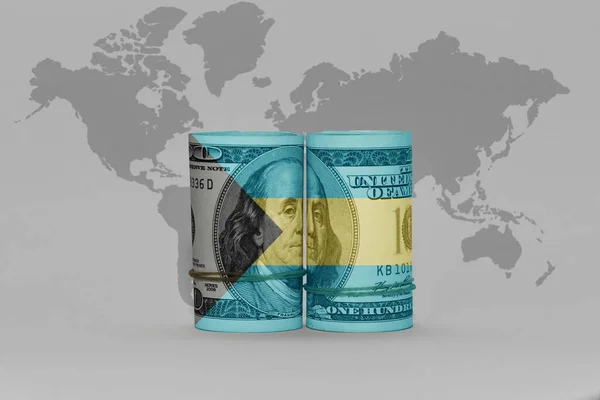 Bahamalar Ulusal Bayrağı Dolar Üzerinde Para Banknotu Gri Dünya Haritasında — Stok fotoğraf