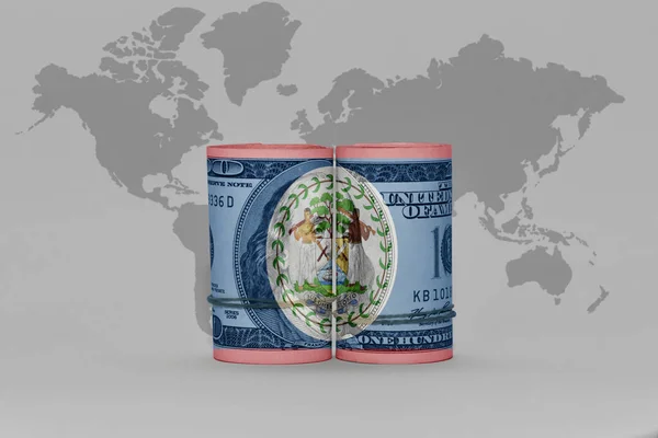 Национальный Флаг Белиза Банкноте Долларом Фоне Карты Серого Мира Иллюстрация — стоковое фото