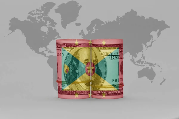 National Flag Grenada Dollar Money Banknote Gray World Map Background — Stock Photo, Image