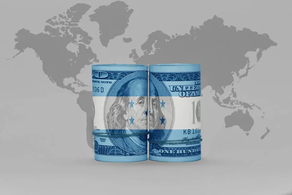 灰色の世界地図上のドル紙幣上のホンジュラスの国旗背景3Dイラスト — ストック写真