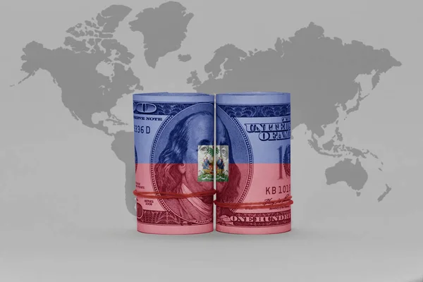 グレーの世界地図上のドル紙幣にハイチの国旗背景3Dイラスト — ストック写真