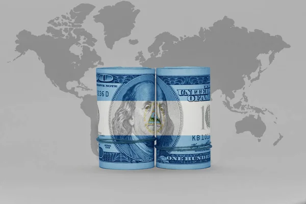 グレーの世界地図上のドル紙幣に描かれたニカラグアの国旗背景3Dイラスト — ストック写真