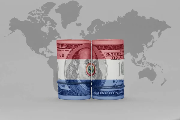 Flaga Narodowa Paragwaju Banknotach Pieniądza Dolara Szarej Mapie Świata Tło — Zdjęcie stockowe