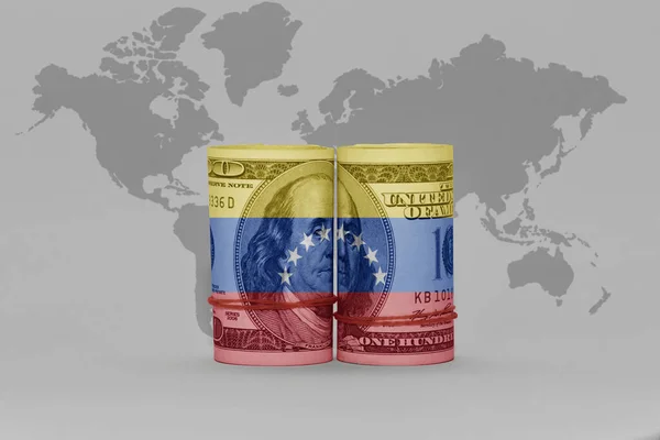 national flag of venezuela on the dollar money banknote on the gray world map background .3d illustration