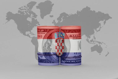 Ulusal Hırvat bayrağı dolar üzerinde para banknotu gri dünya haritasında arka plan 3D illüstrasyon