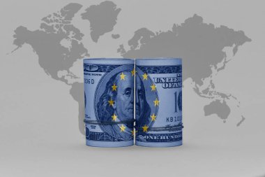 Avrupa Birliği ulusal bayrağı dolar para banknotu üzerinde Gri dünya haritası arka plan 3D illüstrasyon