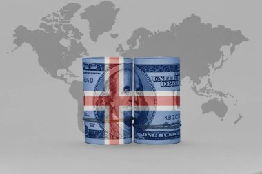 Ulusal İzlanda bayrağı dolar üzerinde para banknotu gri dünya haritasında arka plan 3D illüstrasyon