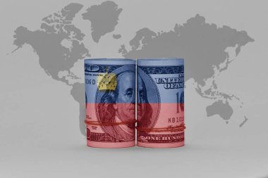 Ulusal Lihtenştayn bayrağı dolar para banknotu üzerinde Gri dünya haritası arka plan 3D illüstrasyon