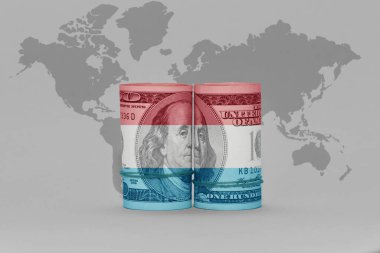 Lüksemburg 'un ulusal bayrağı dolar üzerinde para banknotu gri dünya haritasında arka plan 3D illüstrasyon