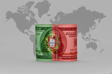 Dolar üzerinde Portekiz 'in ulusal bayrağı. Gri dünya haritasında banknot. Arka plan 3D illüstrasyon.
