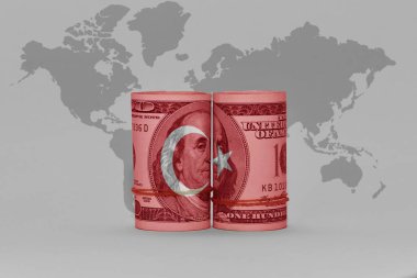 Dolar üzerinde ulusal hindi bayrağı para banknotu gri dünya haritası arka plan 3D illüstrasyon