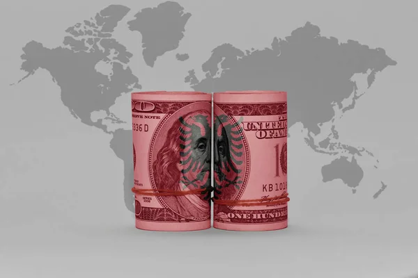 Flaga Narodowa Albania Banknot Dolara Pieniądze Szarym Tle Mapy Świata — Zdjęcie stockowe