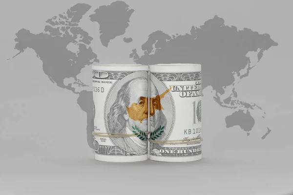 Flaga Narodowa Cypru Banknotze Pieniądza Dolara Szarym Tle Mapy Świata — Zdjęcie stockowe