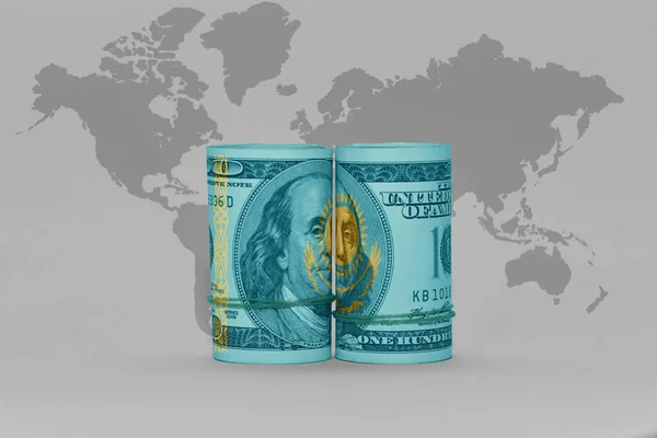 灰色の世界地図の紙幣にカザフスタンの国旗背景3Dイラスト — ストック写真