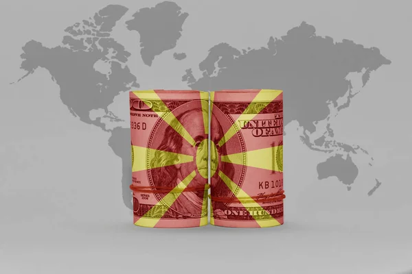 Macedonia Lippu Dollarin Seteliin Harmaalla Maailmankartalla Taustalla Kuva — kuvapankkivalokuva