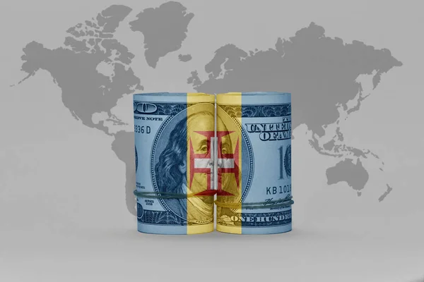 Flaga Narodowa Madery Banknot Pieniądza Dolara Szarym Tle Mapy Świata — Zdjęcie stockowe