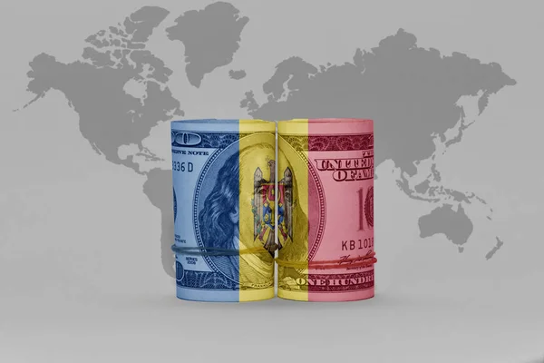 Flaga Narodowa Moldova Banknot Pieniądza Dolara Szarym Tle Mapy Świata — Zdjęcie stockowe