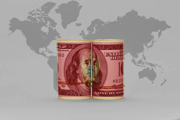 Montenegron Lippu Dollarin Setelissä Harmaalla Maailmankartalla Kuva — kuvapankkivalokuva